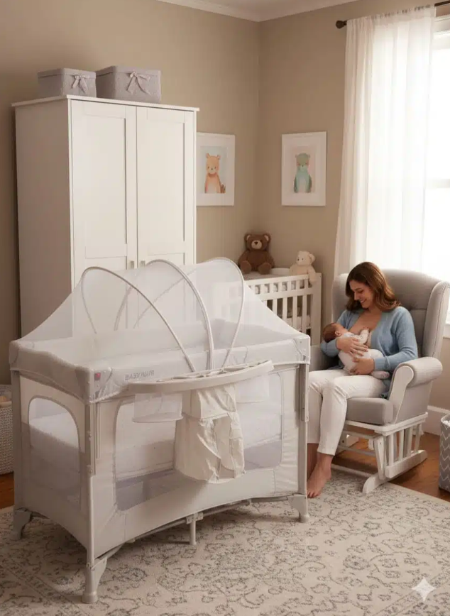 לול רשת משולב 4 ב 1 Baby Hub לול, עריסה מתחברת, משטח החתלה ומיטת קמפינג עם דופן עולה / יורדת לול רשת משולב 4 ב 1 Baby Hub לול, עריסה מתחברת, משטח החתלה ומיטת קמפינג עם דופן עולה / יורדת